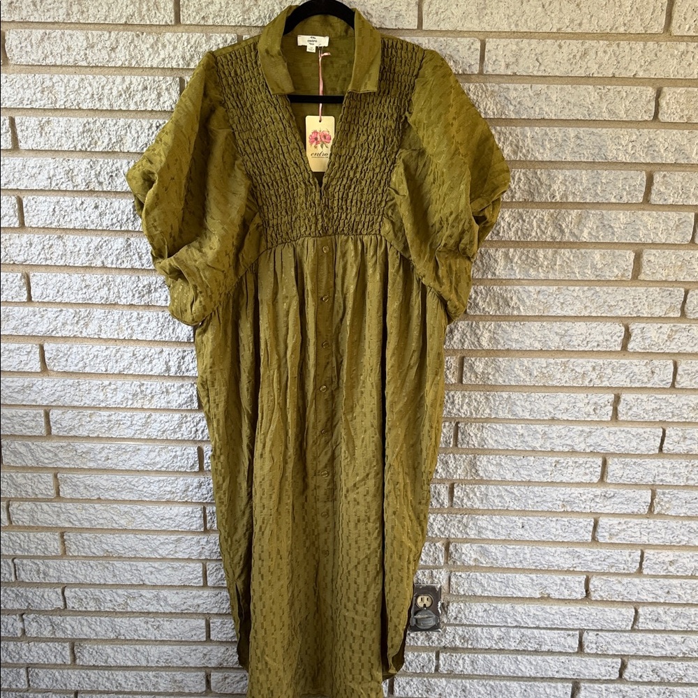 Entro Textured Olive Button-Up Dress